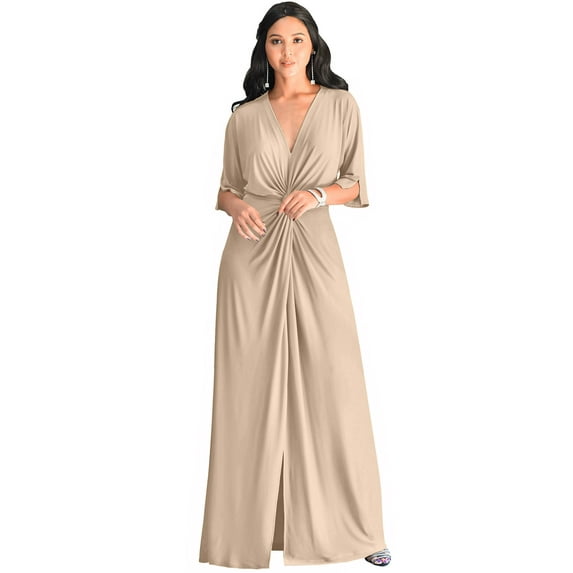 KOH KOH Long Sexy V-Neck Short Sleeve Slit Flowy Cocktail Evening Bridesmaid Wedding Guest Party Summer Tall Dressy Maxi Dress Gown For Women Nude Champagne Brown Medium US 8-10 NT290