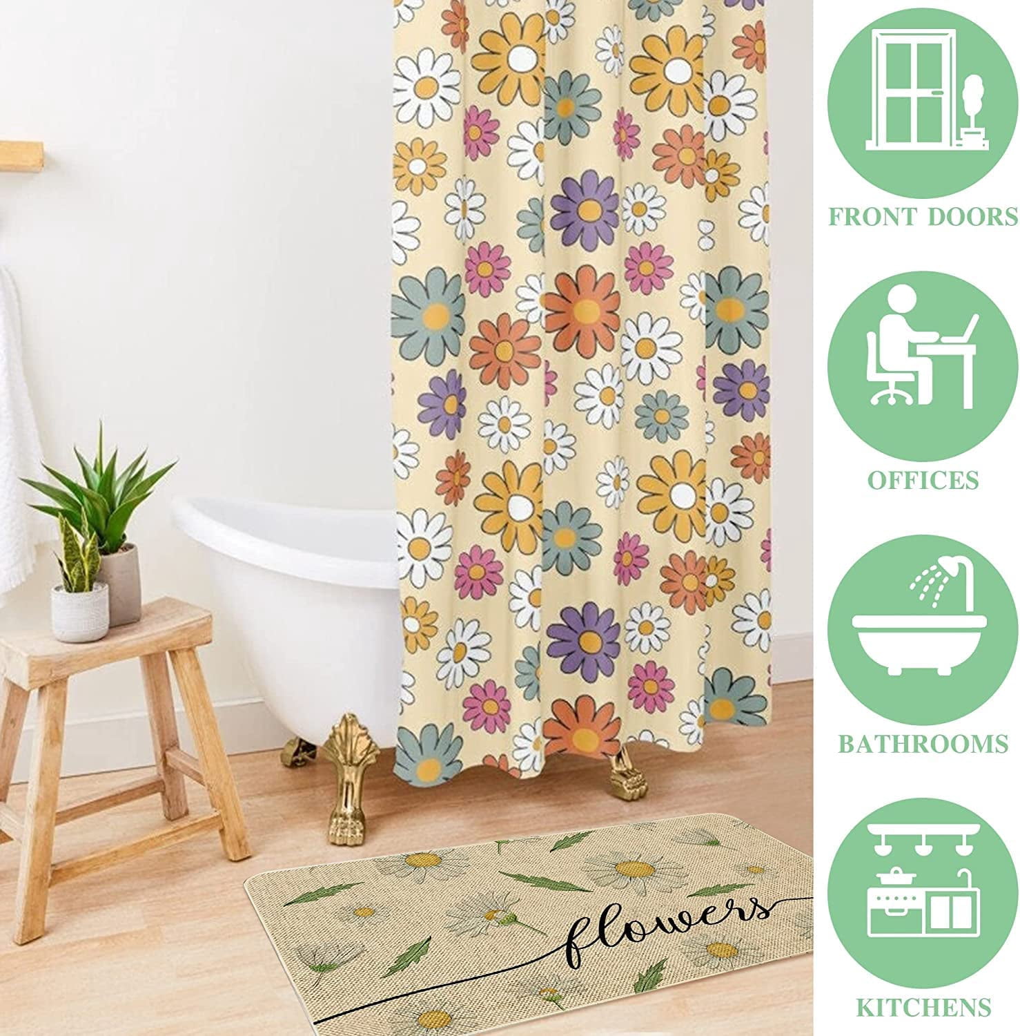 Happy Spring Outdoor Door Mat Flower Farmhouse Decor Welcome Mats Colorful Flowers Doormat Non Slip Rubber Floral Decorative Front Door Mats Indoor Rug 17" x 30"