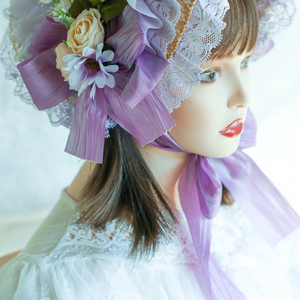 Jiibva Victorian Lace Flowers Bonnet Hat Teas Party Sunhat Flower Straw Hat Fashionn Beach Hats Headdress for Women