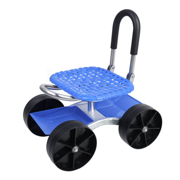 WETS Rolling Garden Carts,Rolling Work Seat with Seat and Wheels,Picking Rotary Garden Cart with Storage Shelf,Adjustable Height,Extendable Steer Handle,Blue