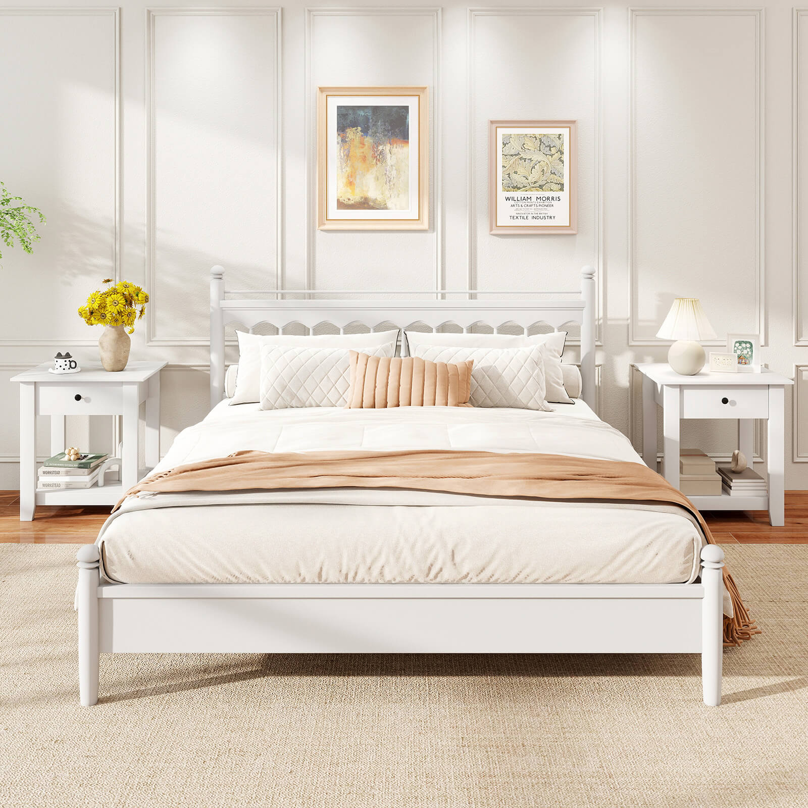 Costway 2 PCS Nightstand with Drawer 3-Tier Modern Bedside Table with Open Shelf Storage White
