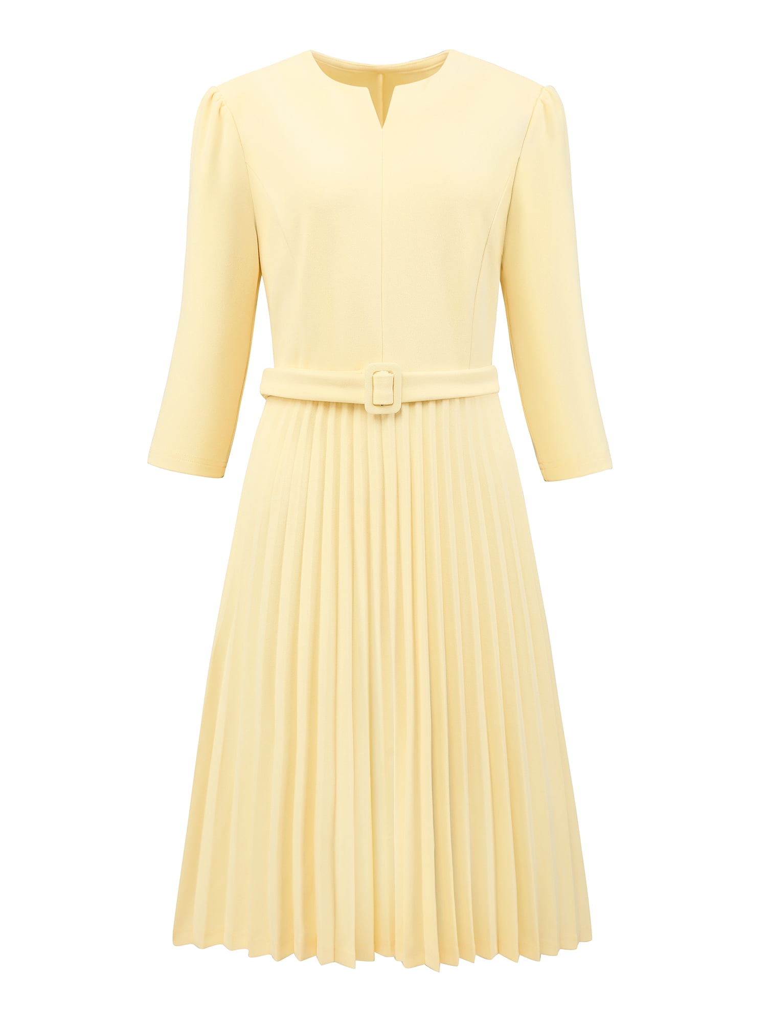 DARING DIVA Women's Stylish Work A-Line Dress with 3/4 Sleeve and V Neck L Light Yellow