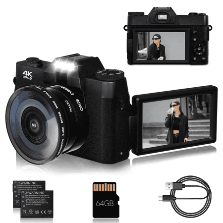 KEEPBERRY 4K 75MP WiFi Photography & Vlogging Camera with 180° Flip Screen, 64GB Card & Anti-Shake Black