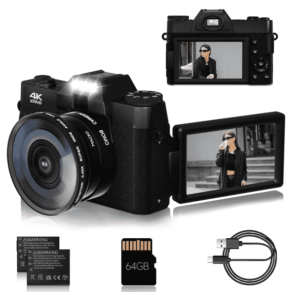 KEEPBERRY 4K 75MP WiFi Photography & Vlogging Camera with 180° Flip Screen, 64GB Card & Anti-Shake Black