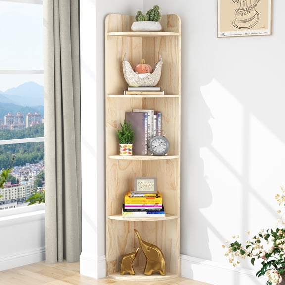 Wood Corner Bookshelf 5-Tier - Modern Corner Wall Shelf Tall Bookcase, Shelving Unit Storage Open Display Rack, Plant Stand for Living Room, Bedroom, Study Office