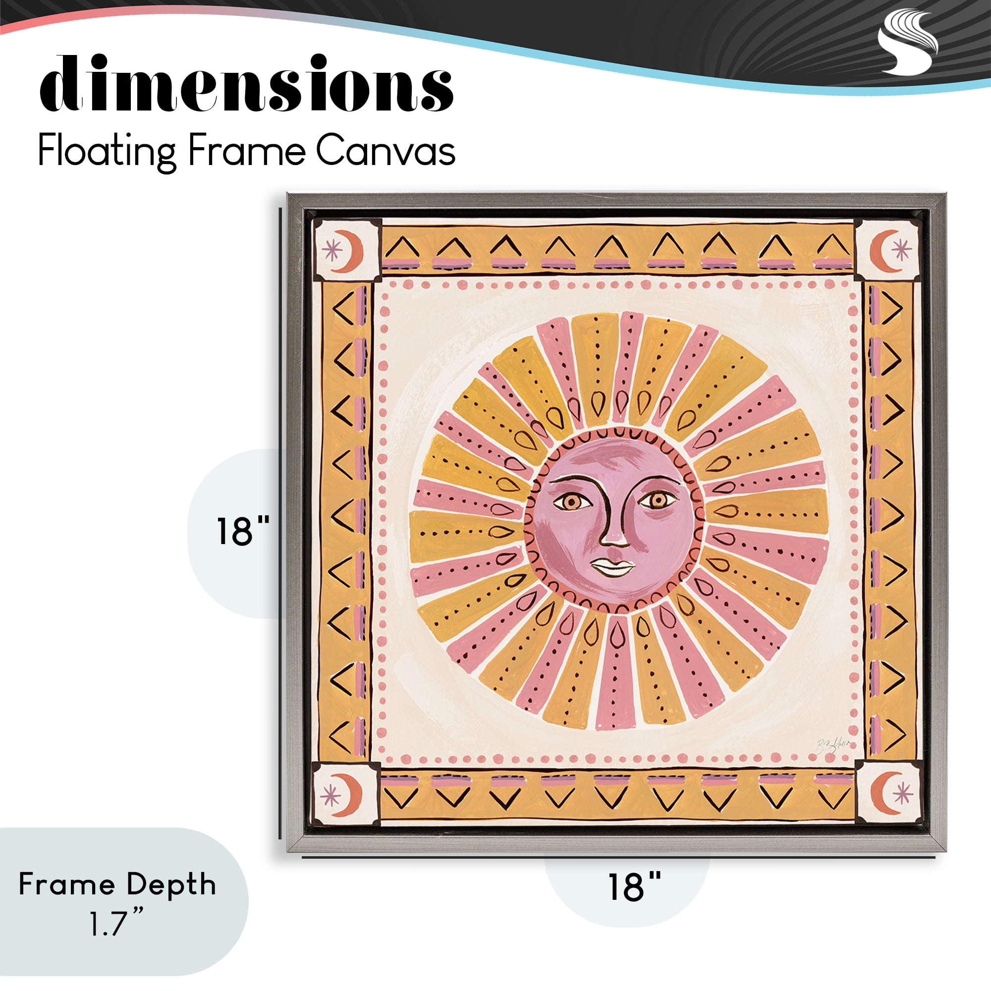 Stupell Industries Pink Sun Face with Geometric Border Gray Framed Floater Canvas Wall Art, design by Two If By Sea Studios