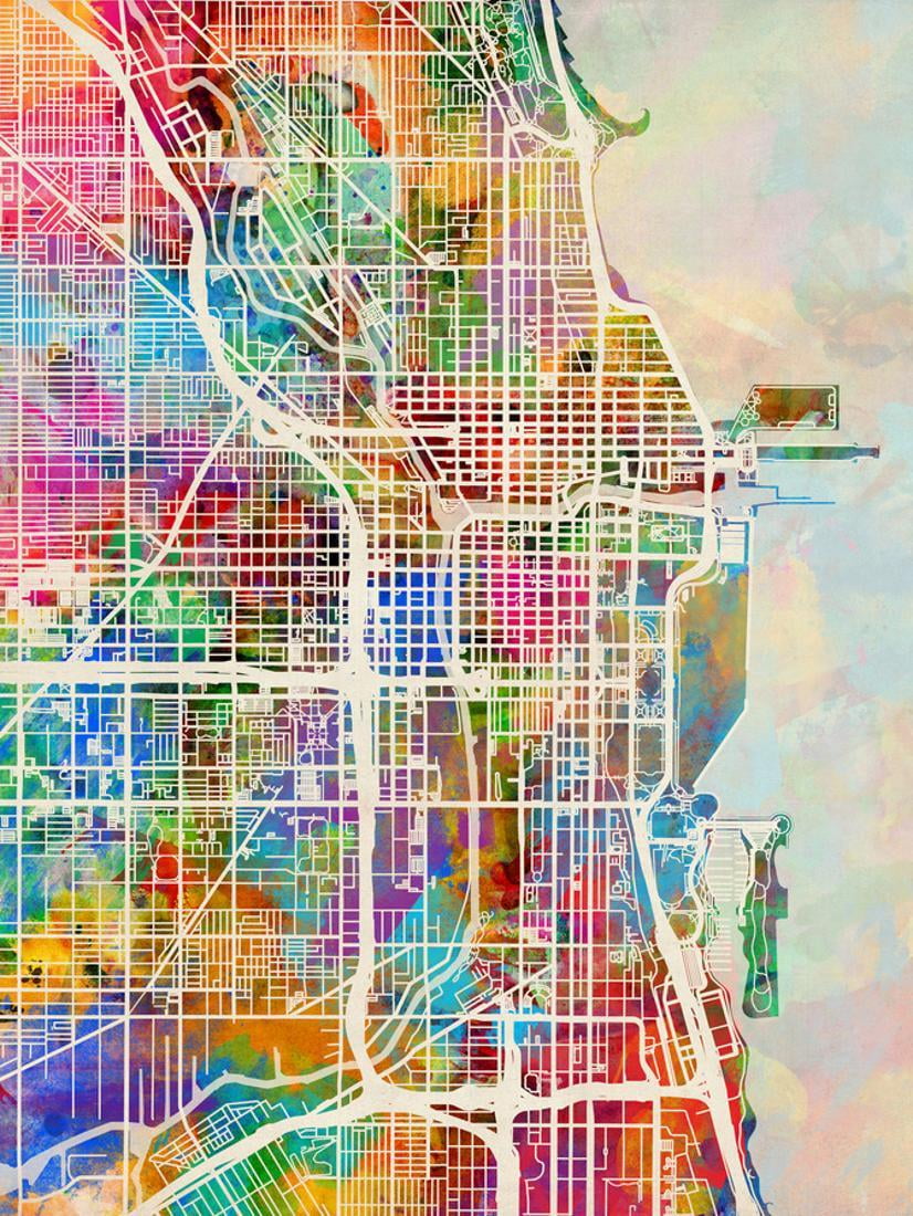 Chicago City Street Map Colorful Abstract Watercolor Print Wall Art By