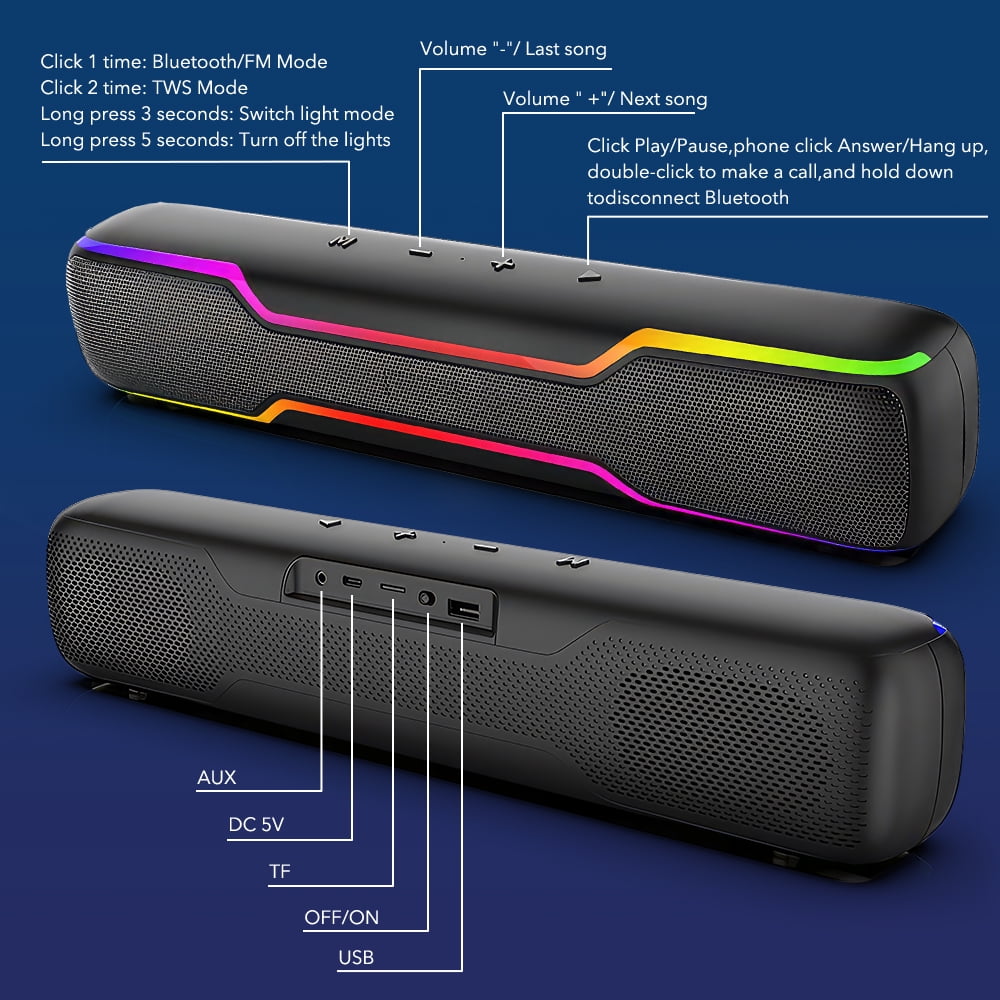 Bluetooth Speaker Soundbar, 20W PC RGB Gaming Soundbar with 3.5mm Jack Aux-in Computer Speakers, TWS Sound Bar for Desktop Laptop