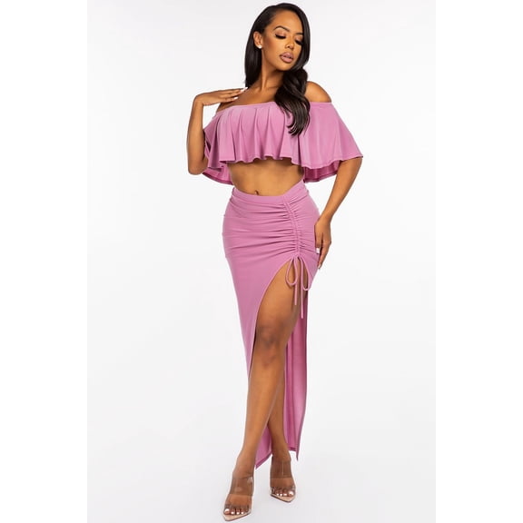 Solid Ity Off The Shoulder Ruffled Cropped Top And Ruched Maxi Skirt Two Piece Set Mauve L