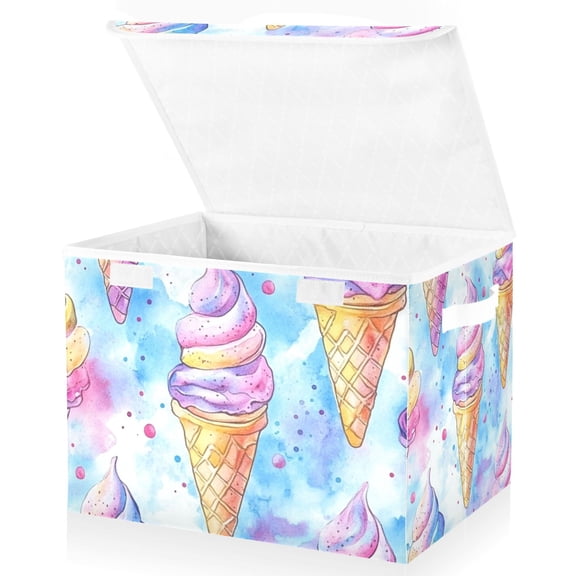 Yayeee Collapsible Cube Storage Bin with Lid Fabric Closet Decorative Basket with Handles, Watercolor Ice Cream Pattern