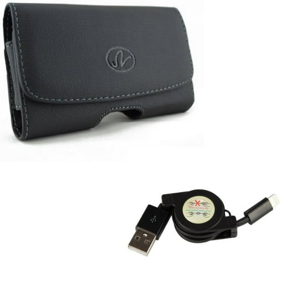 Leather Case Belt Clip w Retractable USB Cable for iPhone XS Max/8 PLUS/7 Plus/6S Plus/6 Plus - Swivel Holster Loops Cover Pouch and Charger Power Cord Sync Wire