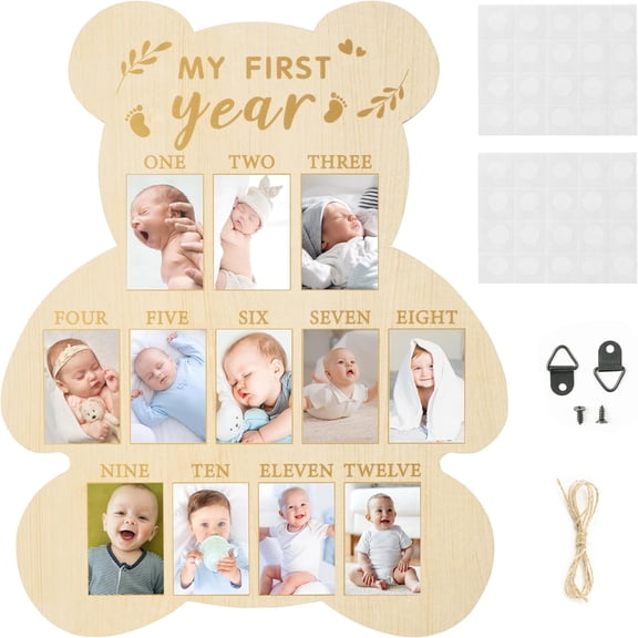 My First Year Photo Display Wood Board, Baby’s First Year Picture Frame 12 Months Milestone Board Bear Shape Birthday Baby Keepsake Nursery Decor Gift for Boy Girl