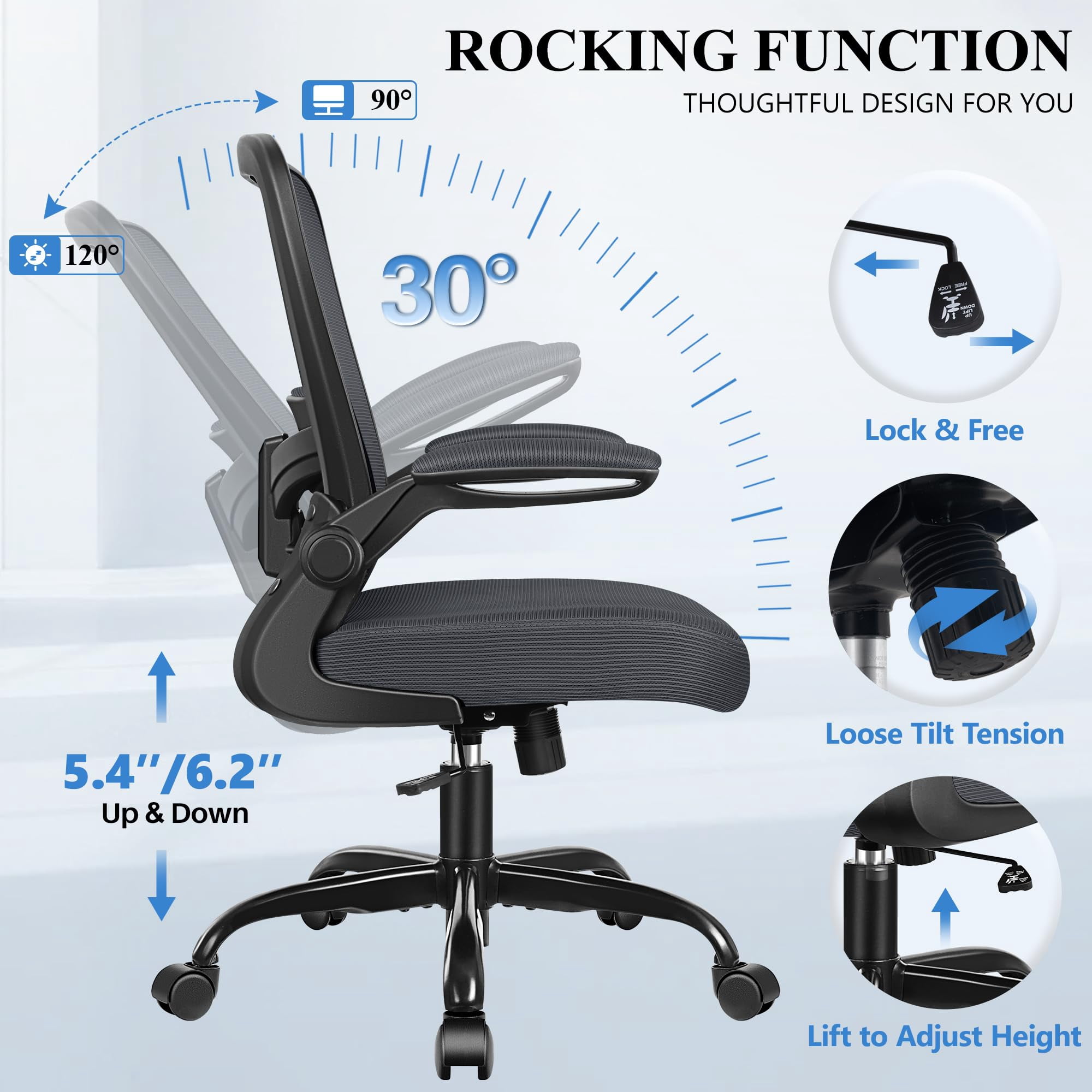 Office Chair, Ergonomic Desk Chair Breathable Mesh Chairs Adjustable High Back Lumbar Support Flip-up Armrests, Executive Rolling Swivel Comfy Computer Chairs Home Office Black