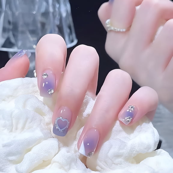 RAGUPEL Press on Nails Medium Blue Glossy Full Cover Square Heart False Nails with Rhinestone Designs Reusable Artificial Short Coffin Fake Nails with Glue Stick on Fingernails for Women