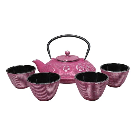 Magenta Ume Plum Floral Blossoms Tetsubin 27oz Cast Iron Tea Pot With 4 Cups Set