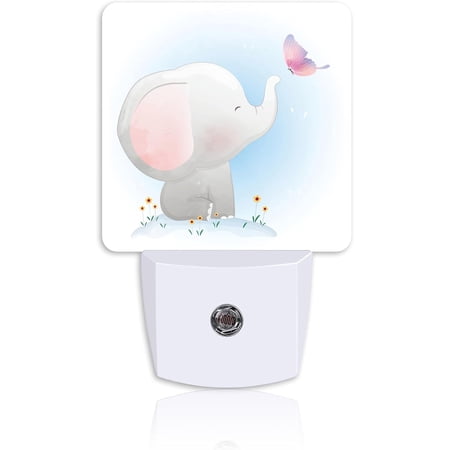 Cute Baby Elephant Play Butterfly Night Light Plug into Wall with Dusk to Dawn Sensor Energy Efficient LED Nightlight for Women Girls Boys Room Decor Hallway Kitchen Bathroom Nursery Stairs