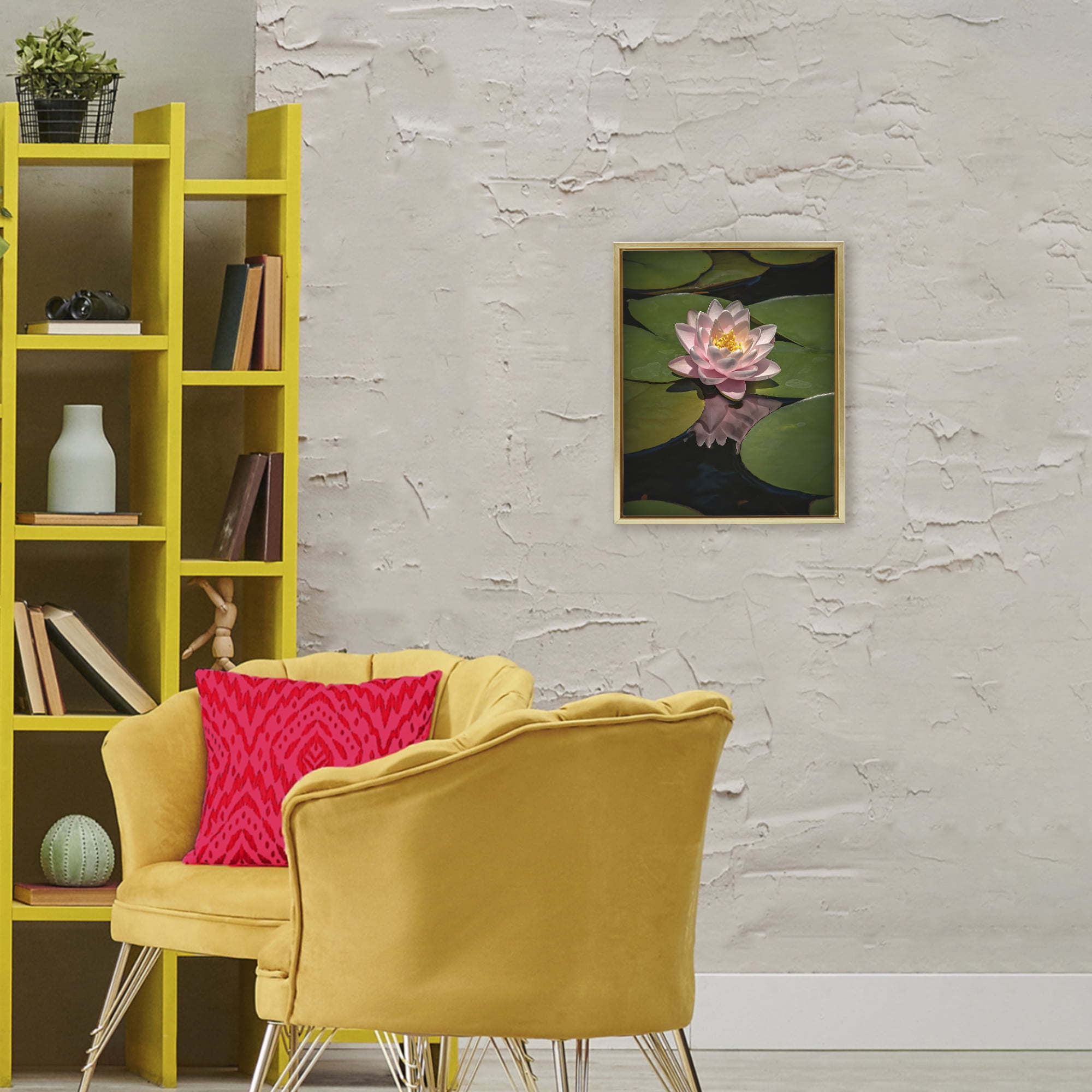 Pink Lotus Among Lily Pads Gold Framed Floater Canvas Wall Art, design by Phillip Flowers
