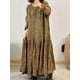 thumbnail image 3 of Vestido largo de verano para mujer, de uso diario, con cuello redondo, manga larga, elegante, con pliegues y retazos, con ribete crudo, suelto, liso, 3 of 5