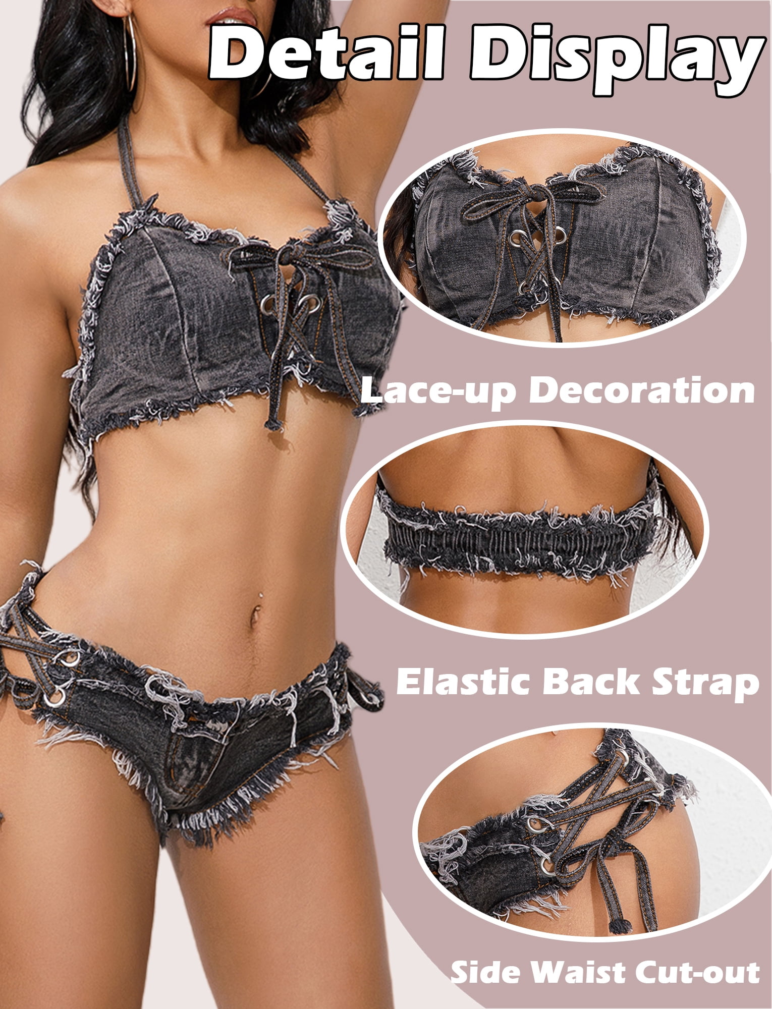 Ausing Womens Lingerie Set Denim Bikini Strappy Bra and Hot Shorts Adjustable Halter Neck Pool Party Nightclub Gray-Black M