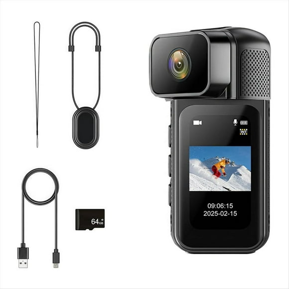 Mini Cámara Corporal WiFi de 2.7K, Cámara POV de 64 GB con Lente Giratoria de 180°, Minicámara Deportiva para Grabar A Diario Ciclismo y Mascotas.