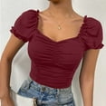 thumbnail image 6 of Annhoo Womens Summer Crop Tops Pleated Puff Square Neck Short Sleeve Shirts Slim Vacation Going out Blouses, 6 of 9