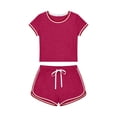 thumbnail image 6 of Maqroz Women 2 Piece Outfits Sets Summer Short Sleeve Crew Neck Cropped Top and Shorts Set Drawsting Elastic Waist Casual Vacation Travel 2026 Pink XL, 6 of 6