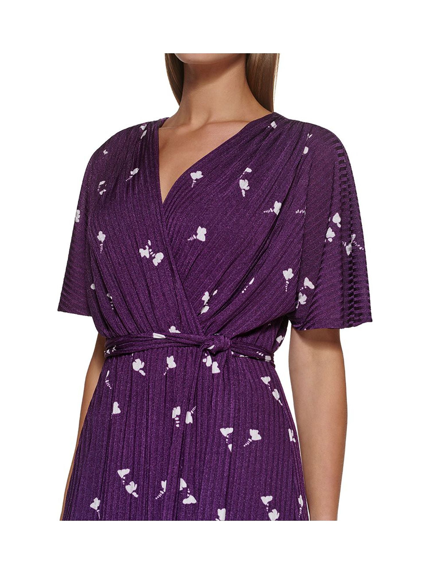 DKNY Womens Purple Zippered Belted Ribbed Printed Dolman Sleeve