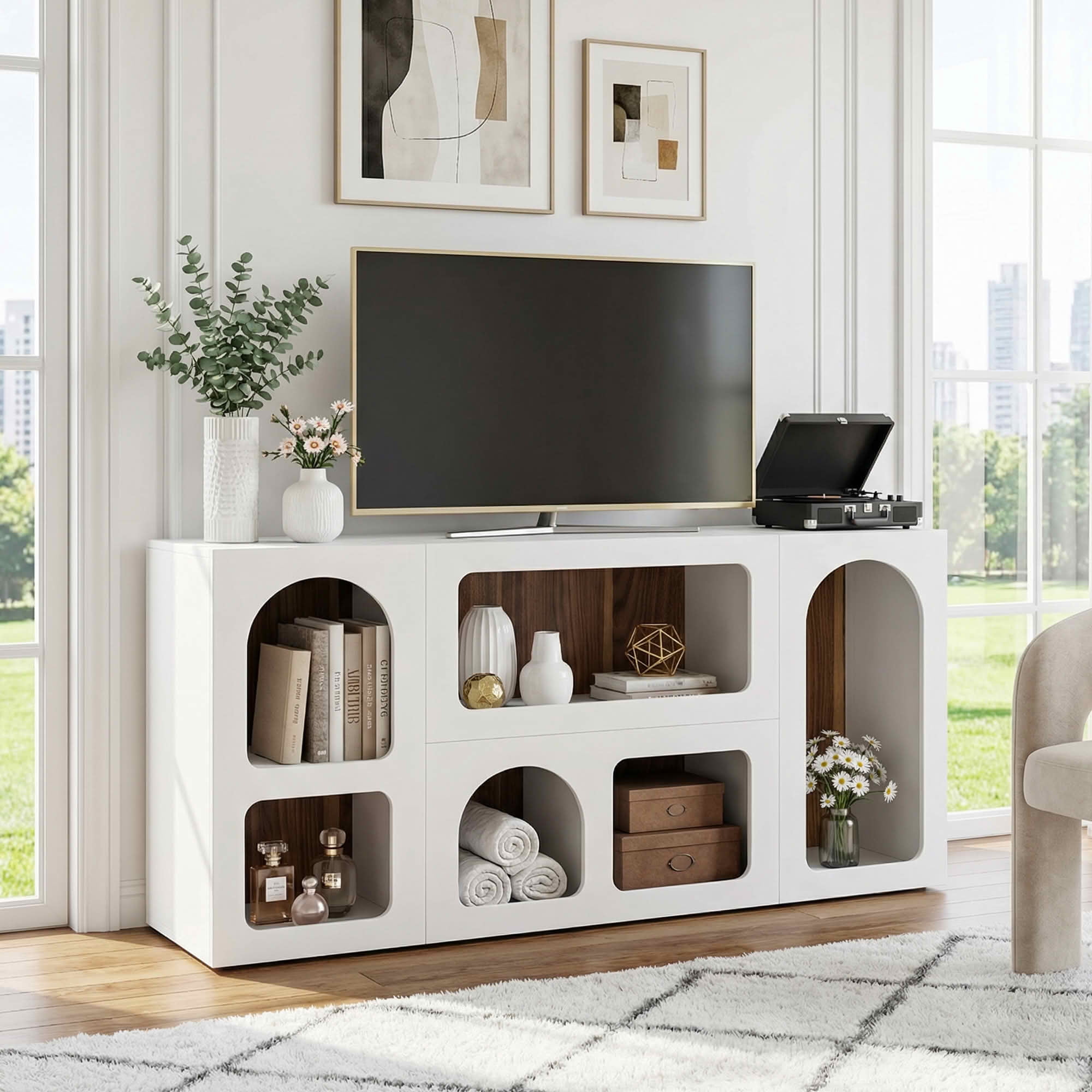 MAYEETY 59 Inch Wooden Console Table 6 Compartments Storage Entryway Table