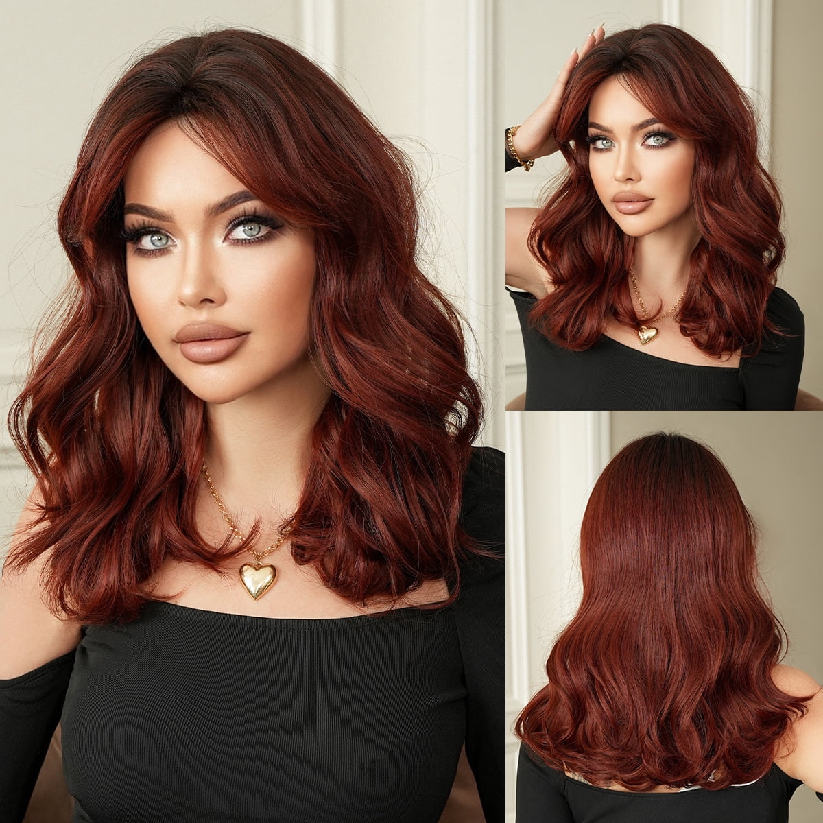 Raspberry red wig for women with curly hair wavy shoulder-length hair simulated full headgear