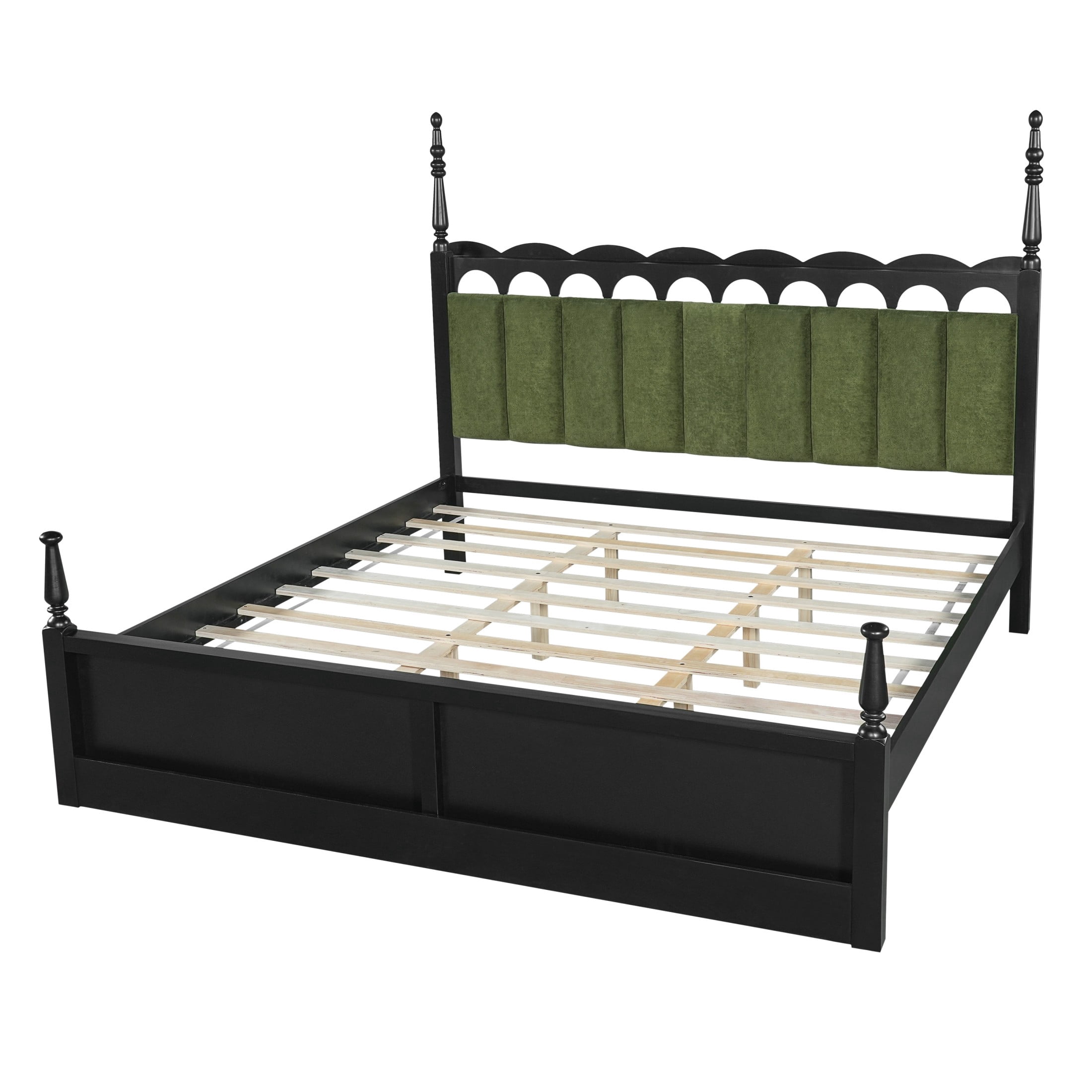 Christopher Knight Home King Wood Bed Frame with Scalloped Tufted Chenille Headboard, Black+Green