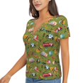 thumbnail image 2 of Wukai Transportation Prints Casual V-Neck Graphic Tees for Women: Lightweight and Breathable Summer Tops with Stylish Design-Large, 2 of 8