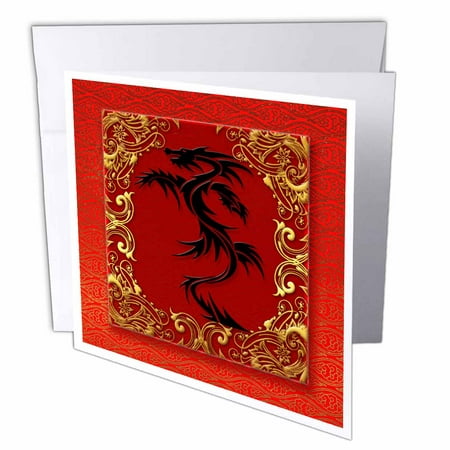 3dRose Chinese Zodiac Year of the Dragon Chinese New Year Red, Gold and Black , Greeting Cards, 6 x 6 inches, set of