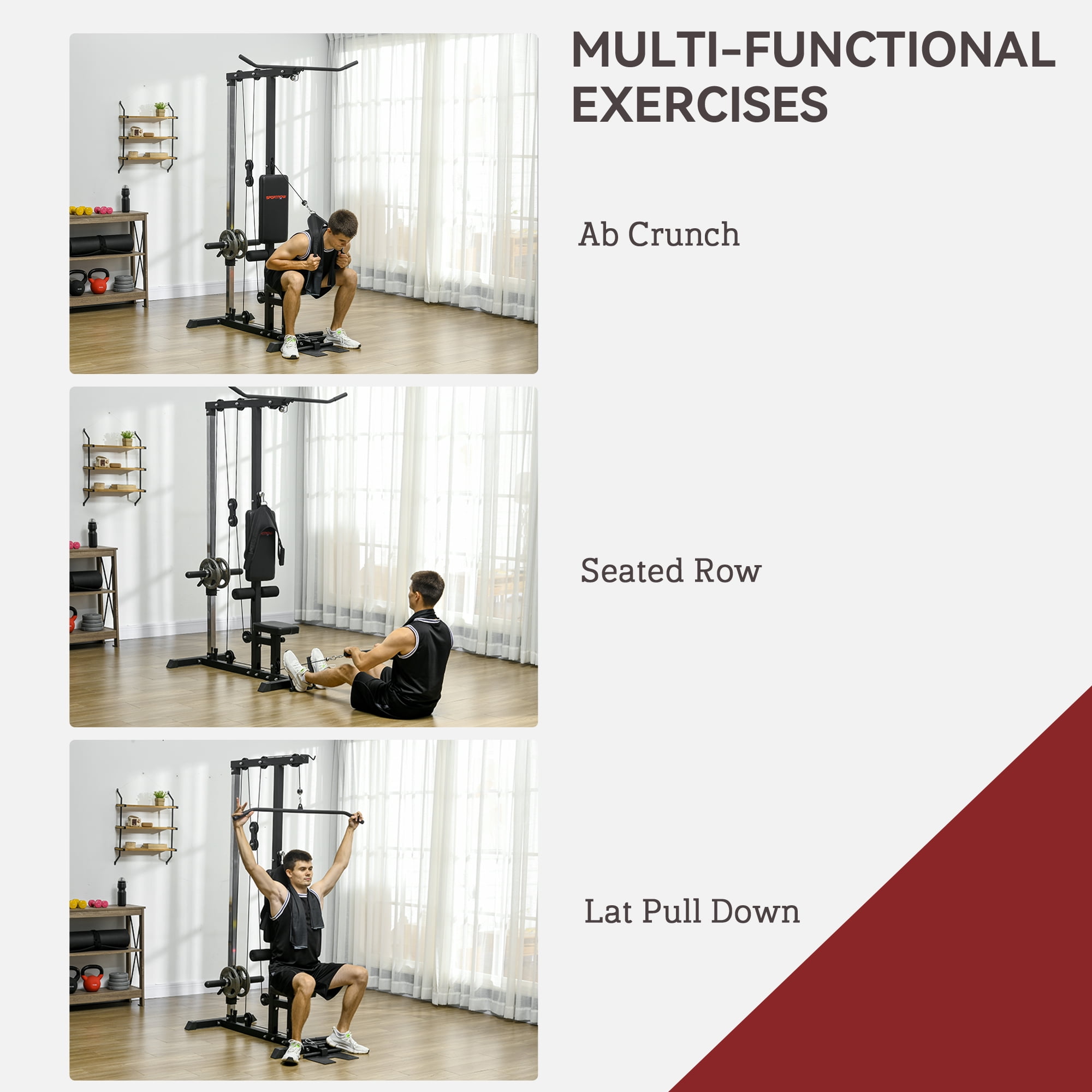 Soozier Cable Machine Lat Pull Down Machines with Flip Up Footplate Home Gyms, Steel Black