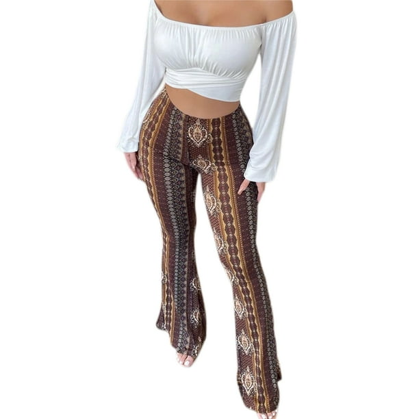 Pantalones acampanados elásticos de cintura alta con estampado bohemio para mujer, pantalones acampanados rectos informales y adelgazantes con estampado floral retro