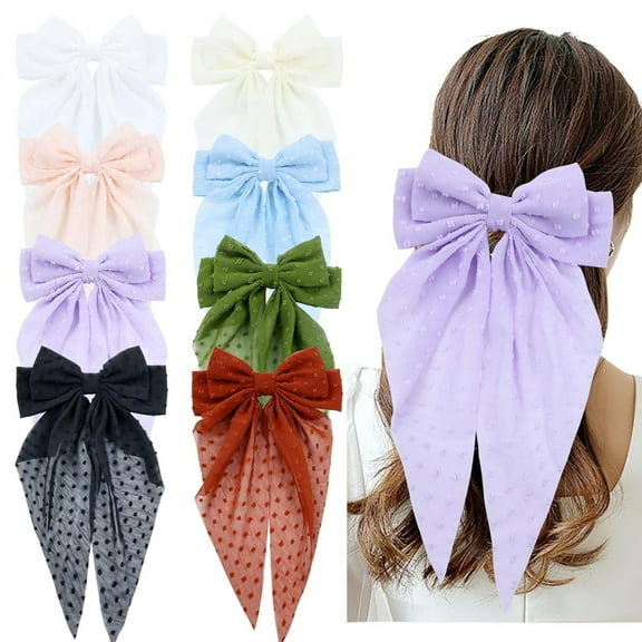 8 Pcs Large French Hair Clips, Elegant Chiffon Bows with Long Flowing Ribbons & Secure Grip Spring, Dressy Hairpins for Thin or Thick Hair, Perfect for Women Teens Everyday and Special Occasions