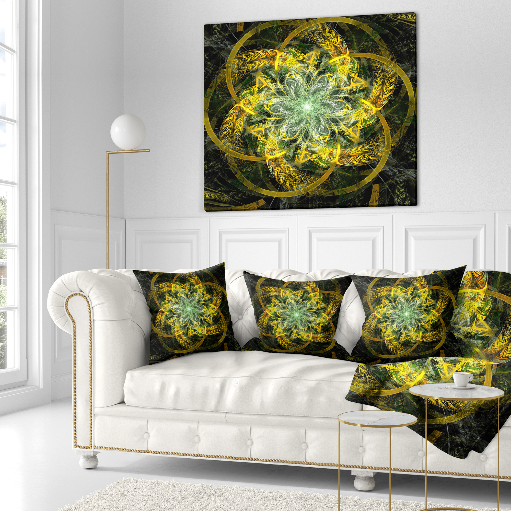 Designart Yellow and Green Fractal Flower - Abstract Throw Pillow - 16x16