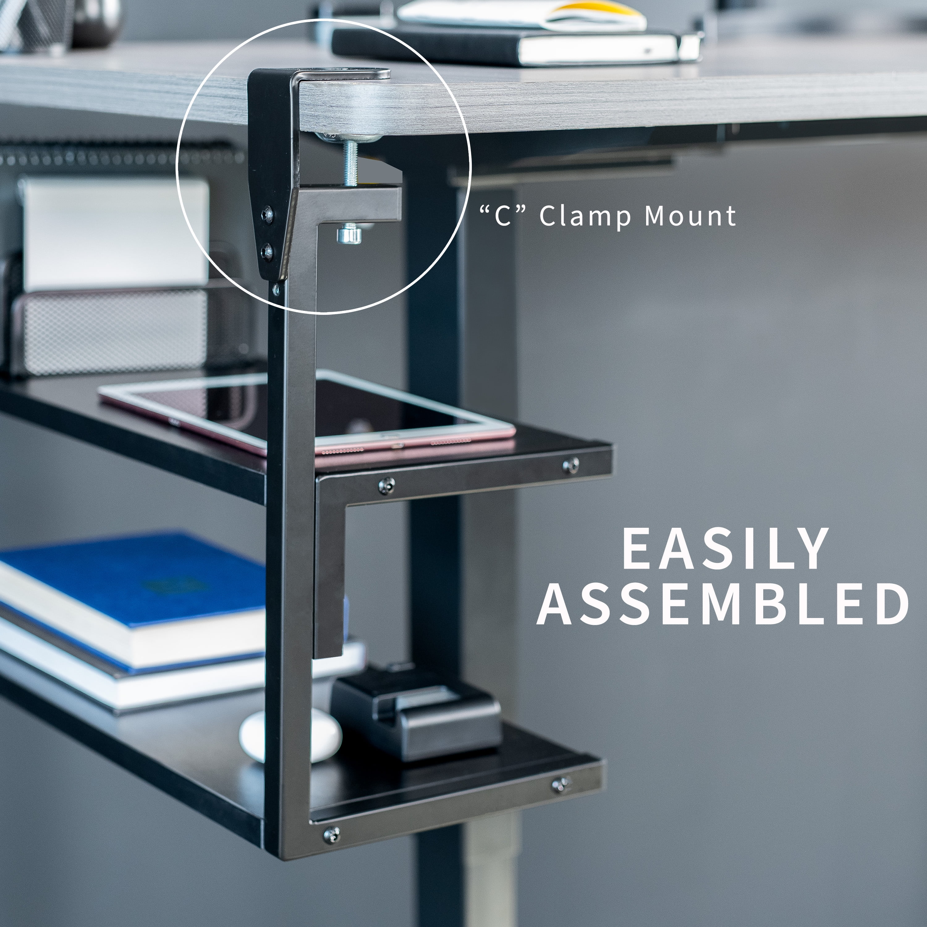 VIVO Black Clamp-on 24" Above or Below Desk 2-Tier Shelving Unit, Desk Organizer