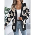 thumbnail image 6 of Women'S Autumn and Winter Contrast Color Plaid Lantern Sleeve Cardigan Sweater Mid-Length Coat Black S, 6 of 9