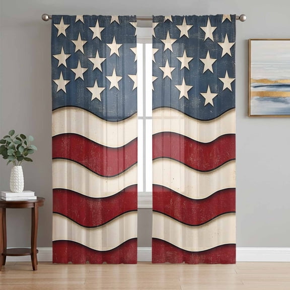 Sheer Curtains 63 Inch Length 2 Panels Set for Bedroom, Retro American Flag Semi Sheer Curtains for Windows, White Star Red Blue US Flag Voile Window Treatments Rod Pocket Curtain