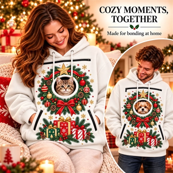 Unisex Pet Pouch Sweatshirt Couple Matching Xmas Snowman/Reindeer Animal Themed Print Hoodies with Zippers Christmas Cat Carriers Sweatshirts White1 S