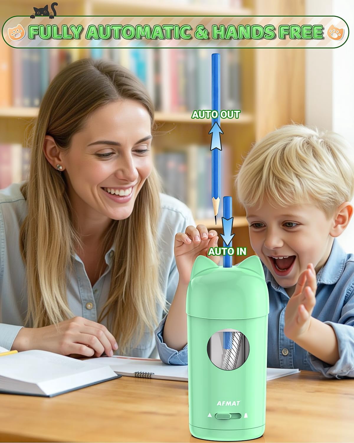 AFMAT Electric Pencil Sharpener, Fully Automatic Pencil Sharpener, Auto in & Out, for φ7-8mm No.2/Colored Pencils, Rechargeable & Cordless, Cute Cat Pencil Sharpeners for Classroom Home