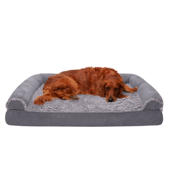 FurHaven Pet Products | Memory Foam Two-Tone Faux Fur & Suede Sofa-Style Couch Pet Bed for Dogs & Cats - Stone Gray, Jumbo