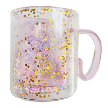 

Ins Girl Heart Kawaii Bubble Star Sky Cup Star Sequin Double Wall Glass Coffee Cup Handle Heat Resistant Milk Cup 1