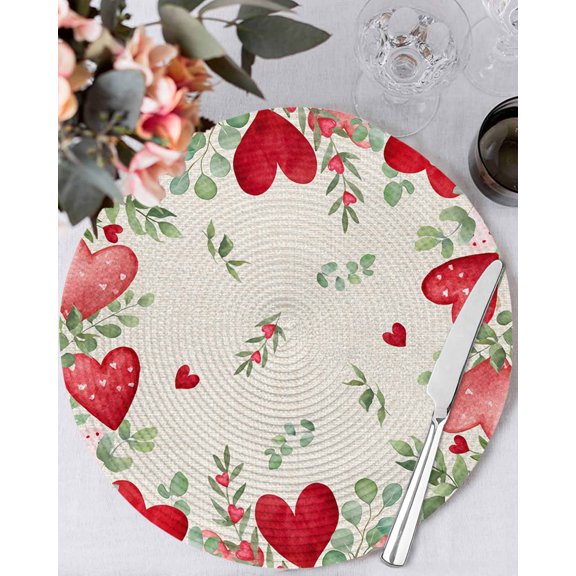 15 Inch Round Placemats Set of 6, Valentine's Day Love Heart Non Slip Heat Insulation PP Table Mats, Rustic Eucalyptus Love Heart Washable Place Mats for Kitchen Dining Party Table Decor