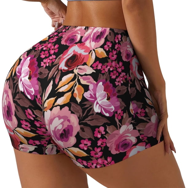 Balery Rose Flowers Pantalones cortos de entrenamiento estampados para mujer, sin costuras, ajustados, para gimnasio, yoga, correr, deportes, ejercicio activo, fitness.-XX-Large