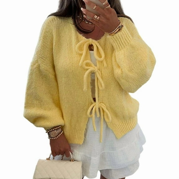 Women'S Lace-Up Cardigan Sweater Chunky Knit Long Puff Sleeve Fashion Autumn and Winter Jacket Coat Yellow S