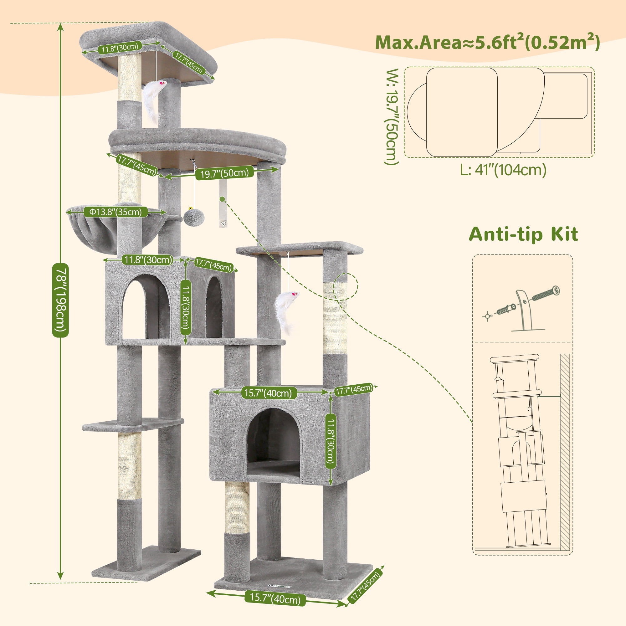 Globlazer Heavy Duty Cat Tree 78 inch Sturdy Cat Tower for 20lbs Large Adult Cats, Symmetrical Aesthetic Big Cat Tree with Extra Large Platform, F78C, Light Grey