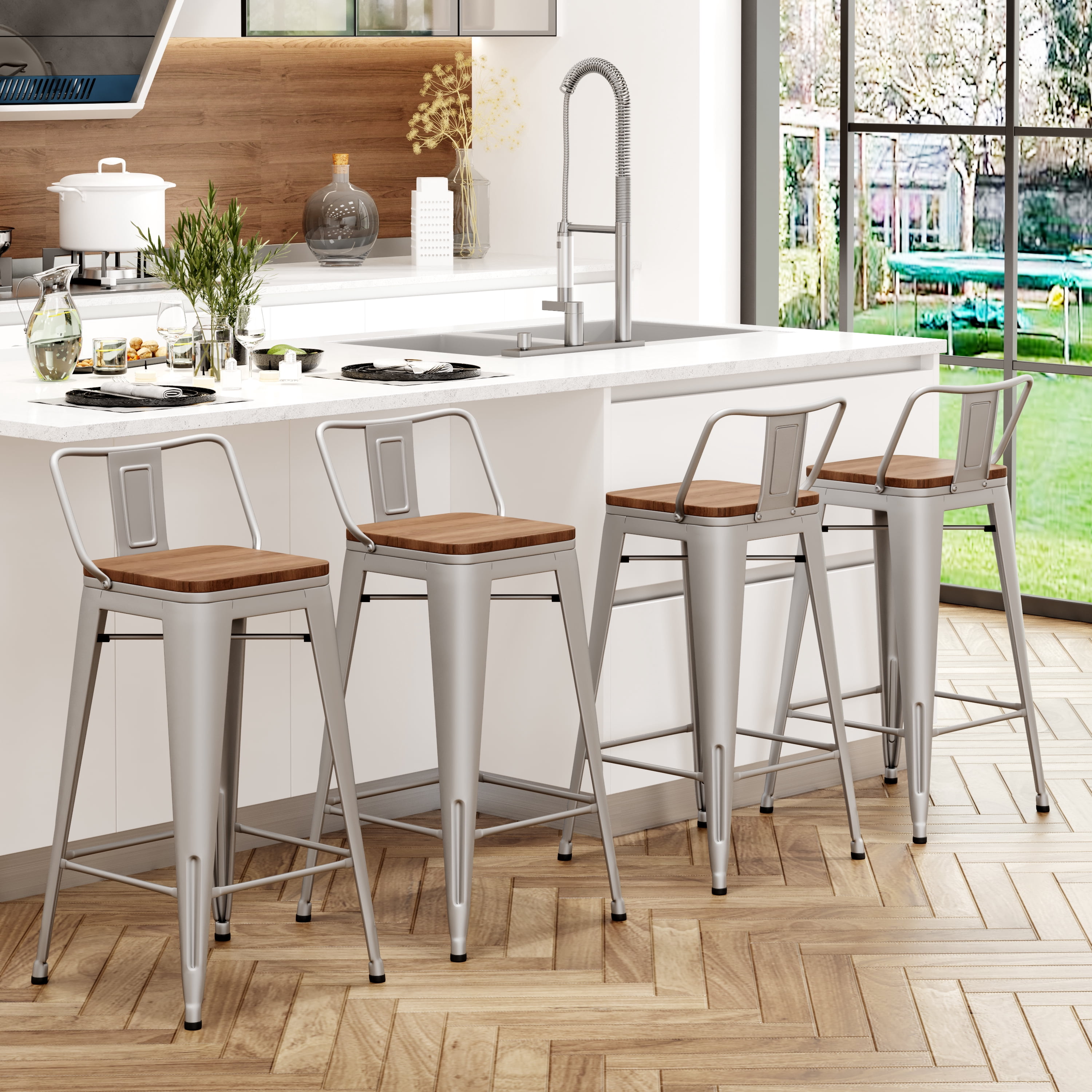 Andeworld Metal Bar Stools Set of 4 Kitchen Counter Height Barstools (26", Silver Wood Top Low Back)