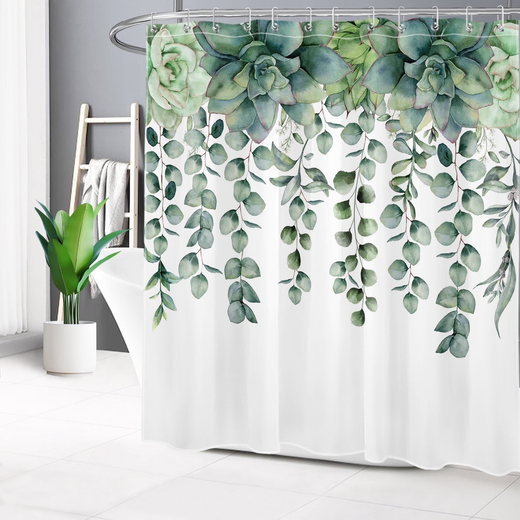 Succulent Botanical Shower Curtain Decor, Sage Green Plant Eucalyptus Leaf Green and White Shower Curtains for Bathroom 72X78 inch Polyester Fabric Bathroom Decoration Bath Curtains Hooks Included