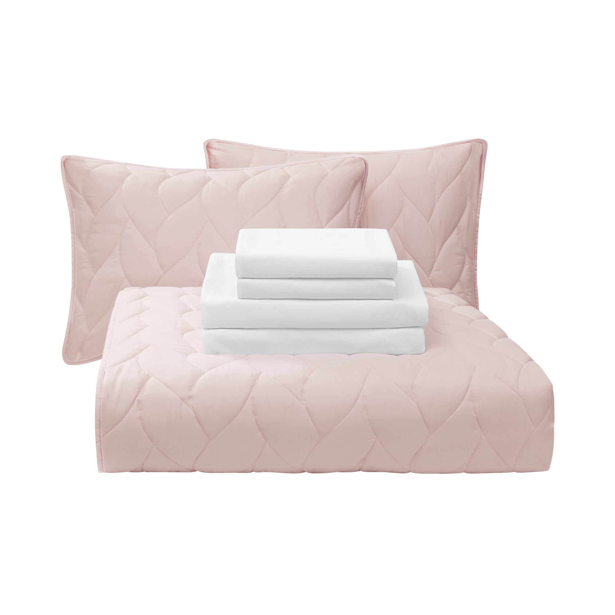 Mainstays 7-Piece Soft Pink Reversible Quilt Set with White Sheets, King